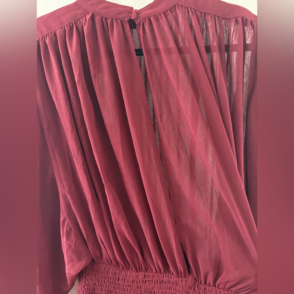 Aeom Dress Antique Berry Burgundy Long Sleeve Smoked Tiered Boho sheer Size XL - Picture 5 of 9